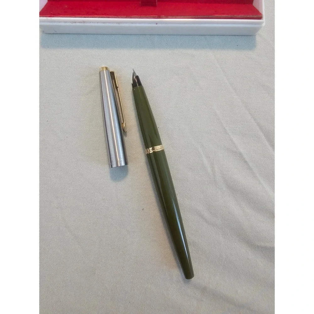 Parker 45 Fountain Pen Olive Green Brushed Steel Gold Trim Made in USA with Case